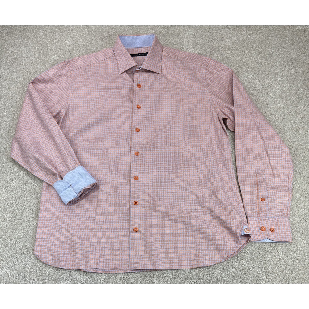 Hammer Made Men's XL 43/17 Dress Shirt Micro Check Blue Orange Flipped Cuff